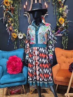 Lai Meng Five Cats Multicolor Floral & Geometric Long-Sleeve Shirt Dress